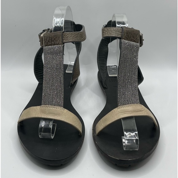 Brunello Cucinelli | Grey & Cream Leather Monili T-Strap Sandals |  EU 37 - Picture 2 of 16